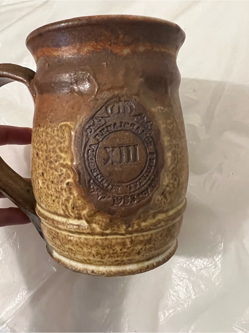 Handcrafted Brown Ceramic Tankard Mug with Roman Emblem